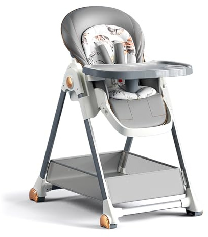 Trona para Bebé Silla de Comedor Convertible Multifuncional para Alimentación de Niños Pequeños con 6 Alturas Ajustables 3 Posiciones Reclinables Plegable con Bandejas Desmontables Ruedas (808 Grey)
