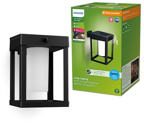 Philips LED Camill Lampada Solare da Parete per Esterni Ultra Efficiente, Smerigliata, Quadrato, Luce Bianca Fredda, 1.4W, Sensore di Movimento, IP44, Nero