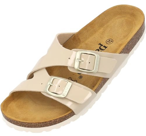 Palado Pantoletten Damen Arrila - bequeme Sandalen Made in Spain - Hausschuhe mit Kork-Fußbett - modische Sommerschuhe Beige Lack UK3,5 - EU36