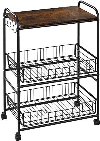 HOMCOM Carrito Auxiliar con Ruedas Carrito Verdulero de 3 Niveles Carrito de Cocina con 2 Cestas y 4 Ganchos para Comedor Salón 60x38x85,5 cm Marrón Rústico