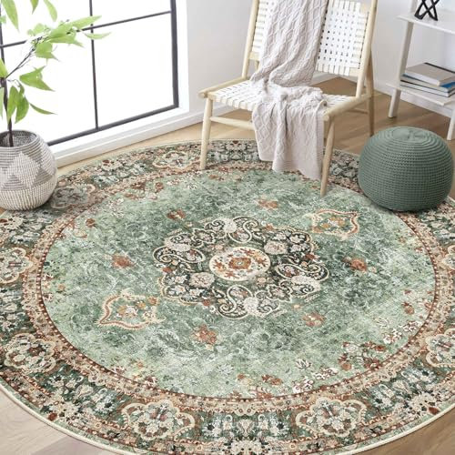 Castage Green Round Rug 6ft,Large Circle Area Rugs for Bedroom Living Room Dining Room,Washable Boho Vintage Bohemian Distressed Oriental Floral Carpet Non Slip,Sage