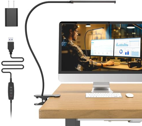Mojimdo 77 LED Schreibtischlampe Dimmbar, Klemmleuchte mit 3 Farbtemperaturen & 10 Helligkeitsstufen, 70cm Flexibler Schwanenhals, Arbeitslampe für Büro/Home Office mit 5V/2A Adapter