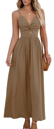 CUPSHE Abito estivo da donna Boho con scollo a V, senza maniche, a tubino, con torsione frontale, abito casual da vacanza, abito lungo Maxi, marrone, M