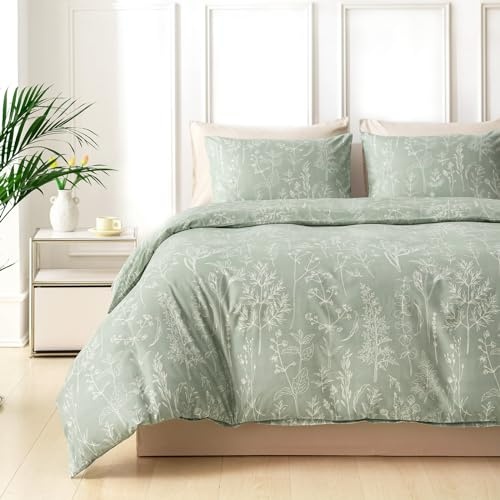 Tokokimo Juego de funda de edredón tamaño Super King de color verde salvia, juego de ropa de cama de flores, juego de edredón de 3 piezas con 2 fundas de almohada, microfibra suave, 260 x 220 cm,