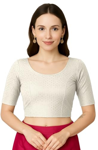 Jaanvi mode dam rund hals ren bomull dobby armbåge ärm färdig sari blus, Benvit, XL