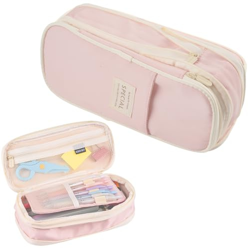 Tikplus Pencil Case Large Capacity, Big Pencil Case with 4 Compartments, Lightweight Zip Pencil Pouch Pen Bag for Girls Teenage Stationery Organizer, Makeup Bag for Women, Men (Pink 2)