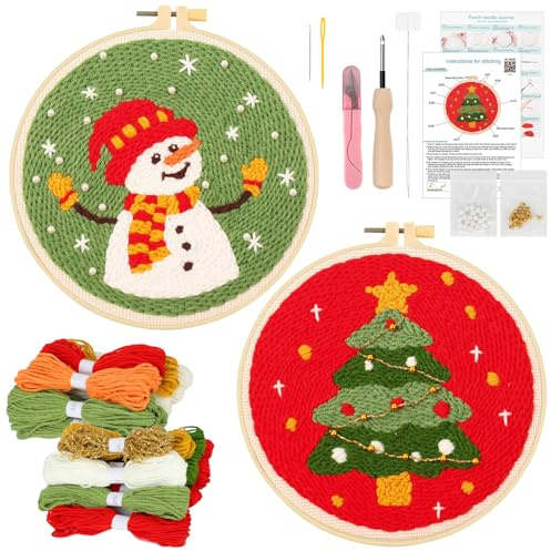 JSRQT 2 Juegos Kit de Bordado con Aguja Perforadora Navidad, Kit Inicio Bordado con Patrón Árbol de Navidad Muñeco de Nieve, Punch Needle Kit para Principiantes Adultos con Instrucciones