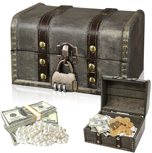 Forbabe Coffre au trésor en bois avec serrure de rangement - Boîte à bijoux vintage avec couvercle - Petit coffre au trésor de pirate - En bois - Pour anniversaire d'enfant - 16 x 12 x 9,5 cm - Gris