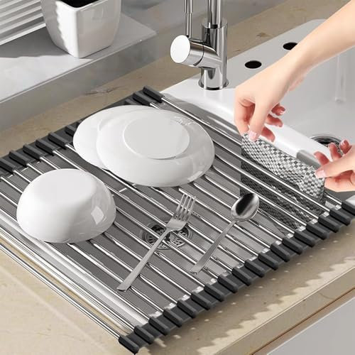 KAWAAN Scolapiatti da Appoggio, Scolapiatti Arrotolabile per Lavello, Scolapiatti in acciaio inox, per Tazze, Frutta, Verdura-Nera, 45 x 35 cm - Nero