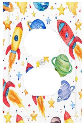 Mexpekil Cartoon Universe Rockets Planets Light Switch Cover, 1 Gang Single Duplex Wall Plates, Decorative Outlet Covers Switchplate for Home Office