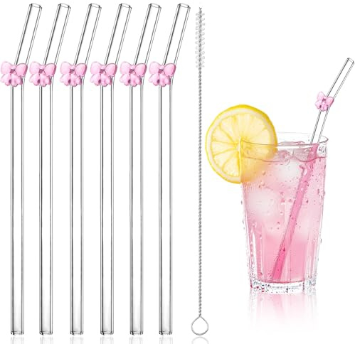 Cosmeria cannucce di Vetro Lunghe con Motivo a Fiocco, 6 cannucce riutilizzabili in Vetro borosilicato, Inclusa Spazzola per la Pulizia, Ideali per frullati, succhi e Cocktail