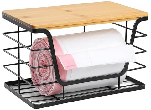 Soporte Metálico para Bolsa de Basura con Tapa de Bambú, Dispensador de Bolsas de Basura Montado en la Pared, Apilable, Adecuado para Almacenar Verduras, Frutas y Productos de Baño en la Cocina
