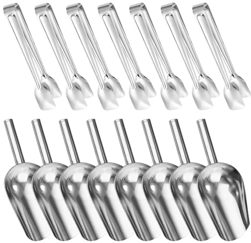 Set di 16 palette e pinze per ghiaccio in acciaio inox, con 8 misurini e 8 pinze, ideale per congelatore e macchine per il ghiaccio, facile da pulire