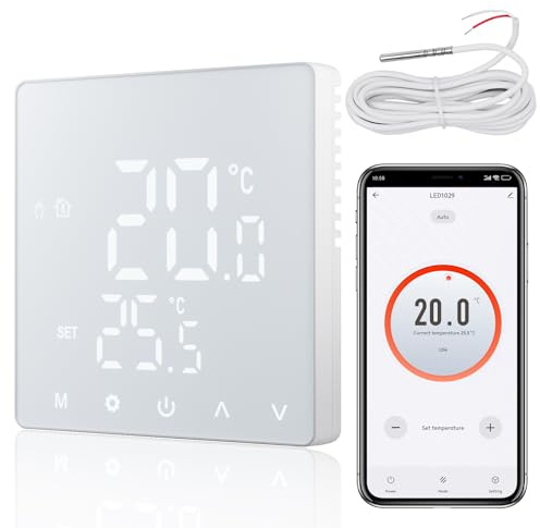 CNBINGO Smart infälld termostat med sensor, digital rumstermostat för elektrisk uppvärmning, kompatibel med Alexa och Google Assistant, röststyrning, vit med plastram