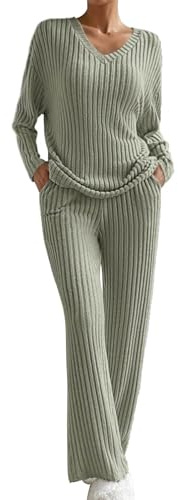 Tuta Maglia Donna Completa Lana Casual Maglione E Pantaloni Gamba Larga Scollo a V Calda Tinta Unita Tuta In Maglia Leggera Elastico Abbigliamento Per Casa Morbida Lavorati Completa Per La Casa