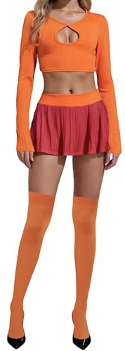 Kouoybt Costume d'Halloween Velma pour femmes – Haut court creux à manches longues avec mini jupe – Tenue d'été (A-orange, taille M)