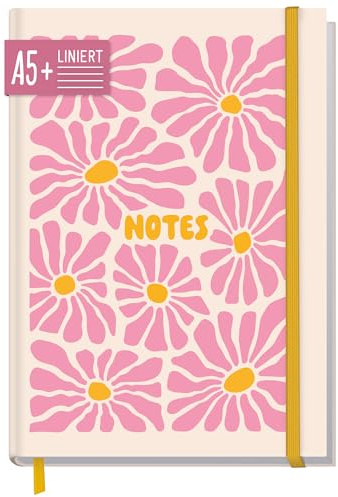 Häfft paper&you® Anteckningsbok A5+ linjerad Pink Flowers | Anteckningsbok med 156 linjerade sidor och gummiband, papper 100 g/m² – för dagboksskrivande och anteckningar