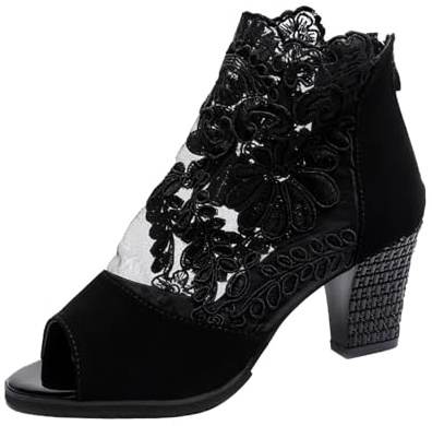 Women’s Lace Peep Toe Ankle Boots – Block Heel Mesh Booties with Floral Embroidery and Side Zip, Breathable Open Toe High Heel Ankle Shoes for Evening Dinners and Formal Events