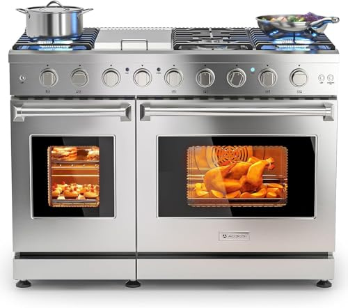AAOBOSI 48 Inch Freestanding Gas Range Ovens with 6 cu.ft Large Capacity Double Convection Ovens, 6 Sealed Burners Plus Iron Grill Burner, Stainless Steel Gas Range Stove