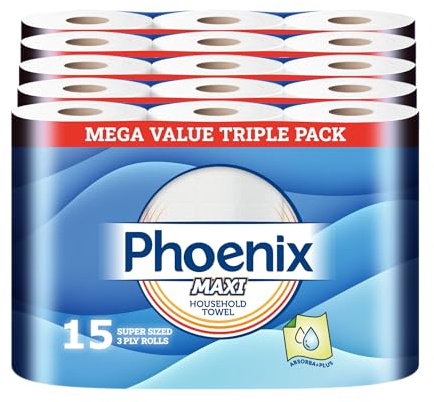 Phoenix Maxi 3 Ply Kitchen Rolls – 15 Super-Sized Rolls (1200 Sheets) | Strong, Ultra Absorbent, Soft Paper Towels for Household Cleaning, Spills, and Wiping | Quilted Texture | Bulk Value Case