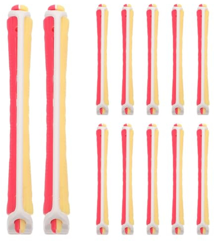 Angoily Bigoudis Permanents 24 Pièces en Plastique Bicolore Rouge et Jaune, Bâtons de Curling Flexibles pour Cheveux Courts, Kit de Permanente Portable sans Chaleur, Outils