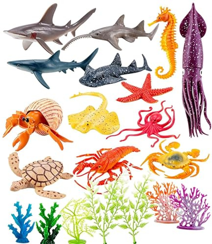 Havsdjur - Realistiska figurer interaktivt set, 21 havsdjursfigurer - för pojkar och flickor - för bad, vatten, pool, strand, akvarium, skrivbord