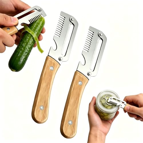2 stycken grönsaksskalare, 3-i-1 multifunktionell grönsaksskalare för köket, sparskalare med trähandtag och integrerad flasköppnare, för frukt, grönsaker, flaskor