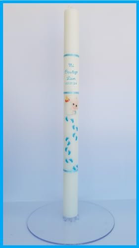 VELA DE BAUTIZO DECORADA CON BEBÉ BIBERÓN. MEDIDA 3 x 40 CM (PERSONALIZADA)