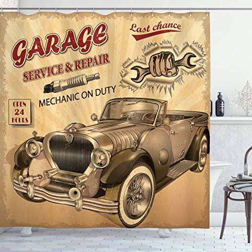 ABAKUHAUS Vintage Duschvorhang, Old Style Car Repair, Stoffliches Gewebe Badezimmerdekorationsset mit Haken, 175 x 240 cm, Sepia Red
