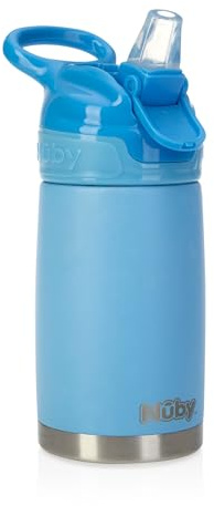 Nuby Thirsty Kids No Spill Flip-It Reflex Stainless Steel Travel Cup or Water Bottle, Blue, 10 Oz