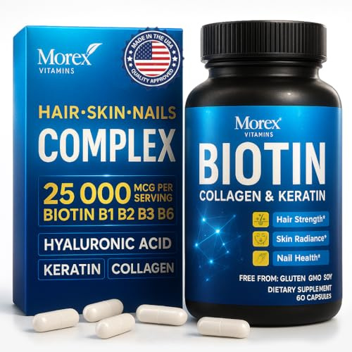 Biotin Collagen Keratin Supplement with Hyaluronic Acid - 25,000 mcg Hair Growth Vitamins for Men and Women - Thickness & Hair Loss Support Complex - Stronger Nails & Healthy Skin - 60 Capsules