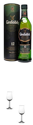 Glenfiddich 12 Jahre Single Malt Whisky 0,7 Liter + Nosing Gläser Kelchglas Bugatti mit Eichstrich 2cl und 4cl - 2 Stück