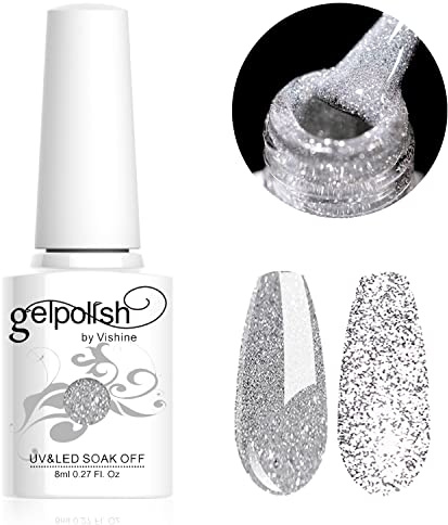 Vishine - Esmalte de uñas semipermanente de gel con acabado brillante LED UV, con destellos plateados - Diamond Glitter Silver 10 ml