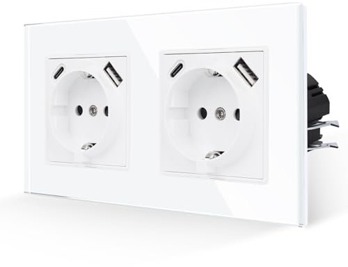 JIMEIDA Doppelsteckdosen mit USB in Weiß,16Amp Glas Steckdosen mit USB A und Typ C Port max.2.1A, Unterputz Wandsteckdose-157 * 86mm,250V