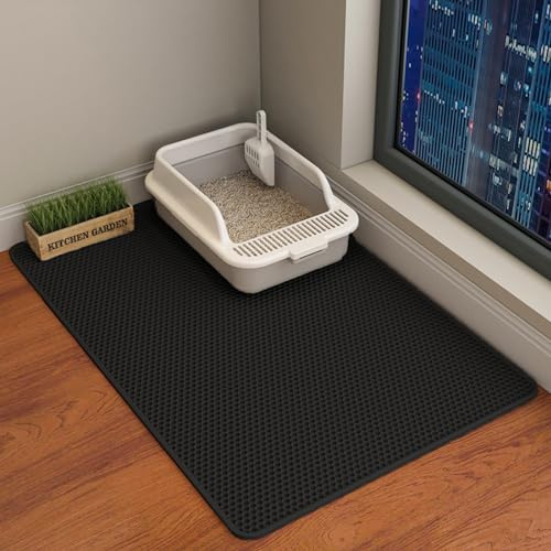 HCY&WLD Cat Litter Mat, 45x26/35x24/30x22/24x18 Inch Double Layer Cat Litter Box Mat, EVA Non-Slip, Waterproof Urine Proof Cat Litter Catcher Mat, Easy Clean Scatter Control (35x24 Inch, Black)