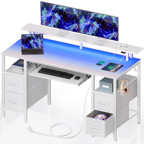 Seventable White Computer Desk with Drawers, Gaming Desk with Keyboard Tray, Office Desk with LED Lights & Power Outlets, 47 inch Writing Desk with Monitor Stand for Small Space