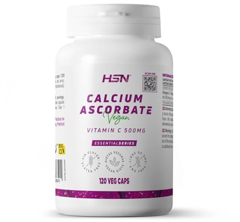 HSN Ascorbato de Calcio 500mg Vitamina C No Ácida (pH 7) | 120 Cápsulas Vegetales que aporta L Ascorbato de Cálcico - Vitamina C Tamponada - Alta Pureza y Concentración | No-GMO, Vegano, Sin Gluten