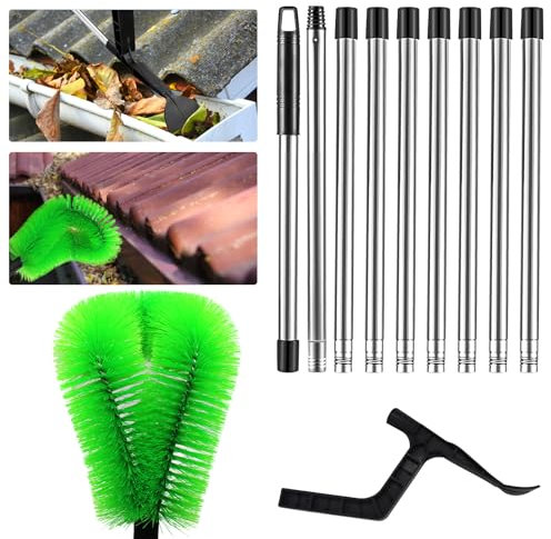 Herramientas de limpieza de canalones de 390 cm con barra de 9 secciones, limpiador de canalones de limpieza desde el suelo, cepillo de limpieza de canalones ajustable desde el suelo, cepillo