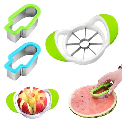 VireEyU Set de herramientas para frutas de 3 piezas, que incluye 2 cortadores creativos para sandía y manzana, cortadora de frutas de acero inoxidable, moldes para helados en palito.