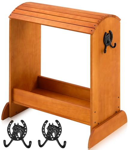 Threehoney Soporte de madera de pino para sillines occidentales y organizadores de tachuelas de caballo, accesorios de almacenamiento resistentes con 2 ganchos