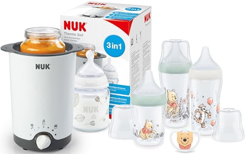 NUK Perfect Match Babyflaschenset Winnie Puuh & Thermo 3in1 Flaschenwärmer im Starter-Set | schonendes Auftauen, Erwärmen und Warmhalten flüssiger & breiförmiger Nahrung | 3 Babyflaschen + Schnuller
