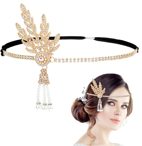 Lnngub Flapper Headband,1920s Headband with Leaf Rhinestones Headpiece Pearl Tassel Head Bands Roaring 1920s Headpiece for Women(Gold)