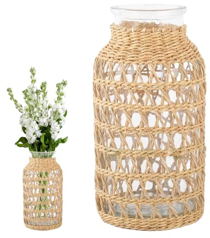 Blomvas i glas med rottingskydd, klart, vävt skydd, boho-vas, bondgård, dekorativ planterare för hemarrangemang, bordsuppsats