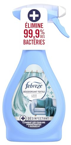 Febreze Spray Désodorisant Textile Désinfectant 385 ML Linge Frais, Élimine 99,9% Des Bactéries, Combat Les Odeurs Difficiles Et Rafraîchit