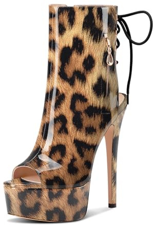 Castamere Femmes Aiguille Haut High Talon Heel Ouvert Bout Plate-forme Été Bottines Lacets Danse Party Dress Bottes 15 CM Heels Léopard Marron 40 EU