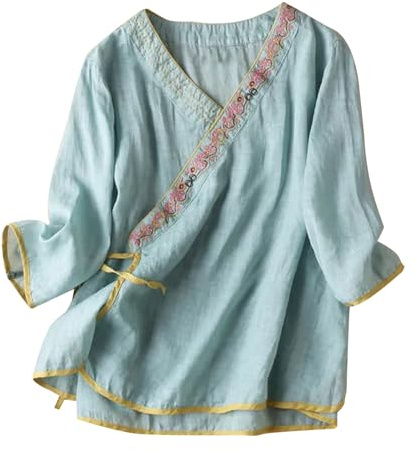 Womens Linen Tops UK Plus Size - Ladies Cotton-Linen T-Shirt Vintage Boho Embroidered Tees Summer Three Quarter Sleeve Floral Shirts Casual Loose Peasant Blouses Lagenlook Tunic Top Green