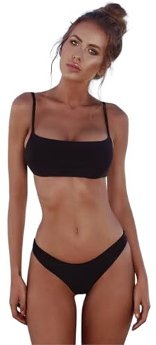 Maillot de Bain Sport Femme Noir, Bikini Deux Pièces avec Haut Bandeau et Bas Échancré