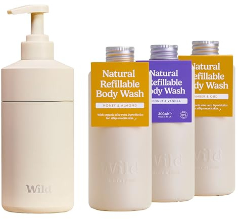 Wild Refillable Body Wash Starter Kit - Ivory Aluminium Case & 3 Pack of Shower Gel Refills in a Variety of Scents - 95% Natural Ingredients - Coconut & Vanilla, Honey & Almond and Amber & Oud Scents