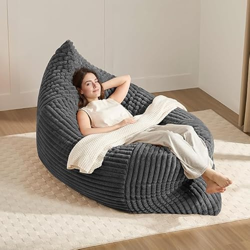 kowdom sittsäck XXL 3-i-1 förvandlingsbar mörkgrå – bönpåse soffa med minnesskum, fluffig manchesteröverdrag, loungefåtölj och gaming saccosäck för vardagsrum