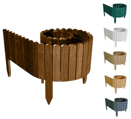 Floranica Rasenkante Höhe 20 cm Braun 200 cm Lang Gartenzaun Flexibler Holzzaun Gartendeko Gartenpalisade für Beeteinfassung, Mähkante Rollborder, Steckzaun Blumenbeet Umzäunung für Garten
